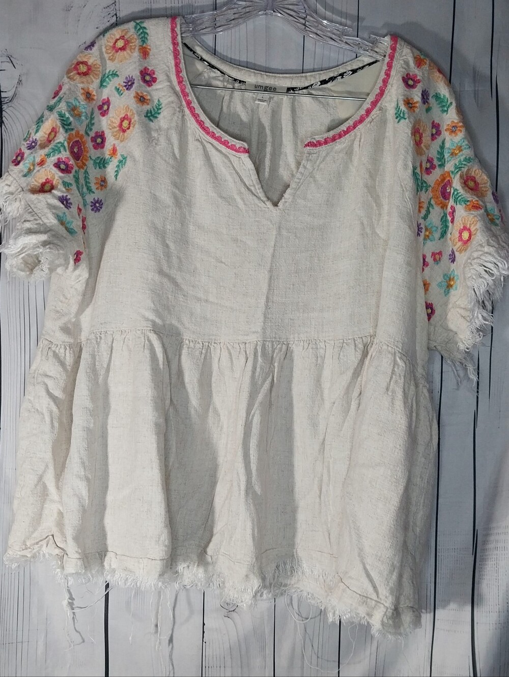 Umgee Ivory with Colorful Floral Embroidered Boho Fringe Babydoll Tunic Top